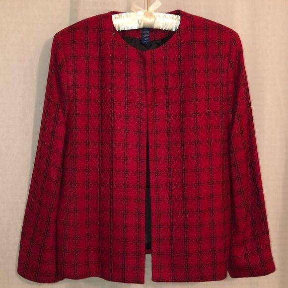 Karen Scott 14 Vibrant Red Black wSilvery Black Lurex Plaid Elegant Jacket